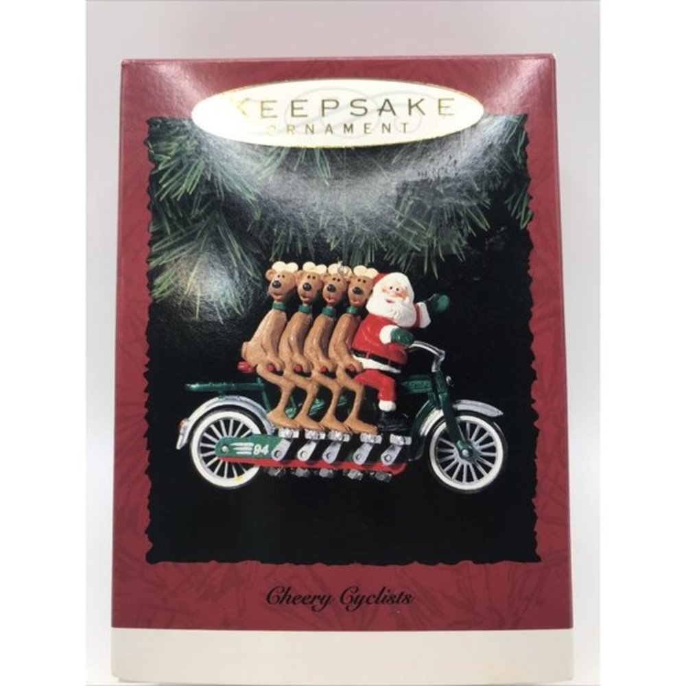 1994 Hallmark Keepsake Ornament Cheery Cyclists‎ Santa And Reindeer NIB NEW